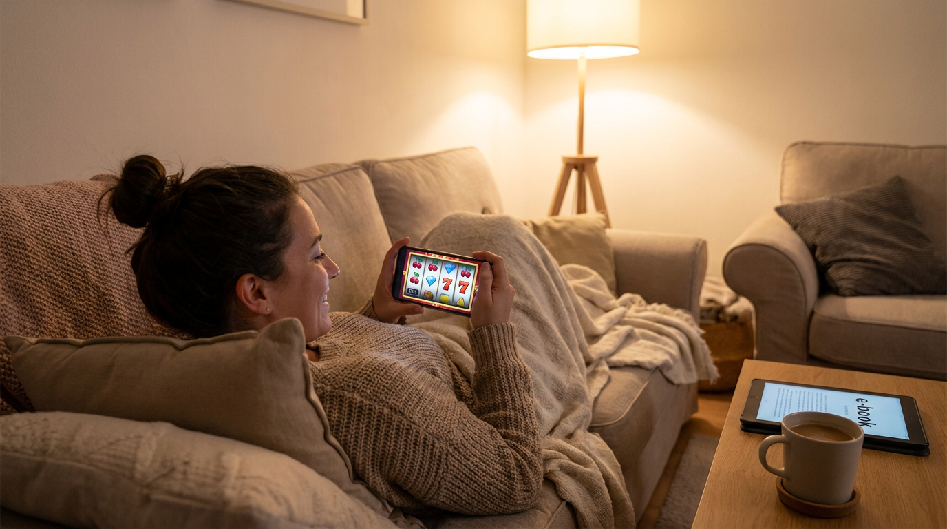 Osoba grająca w gry hazardowe online na telefonie w komfortowym wnętrzu