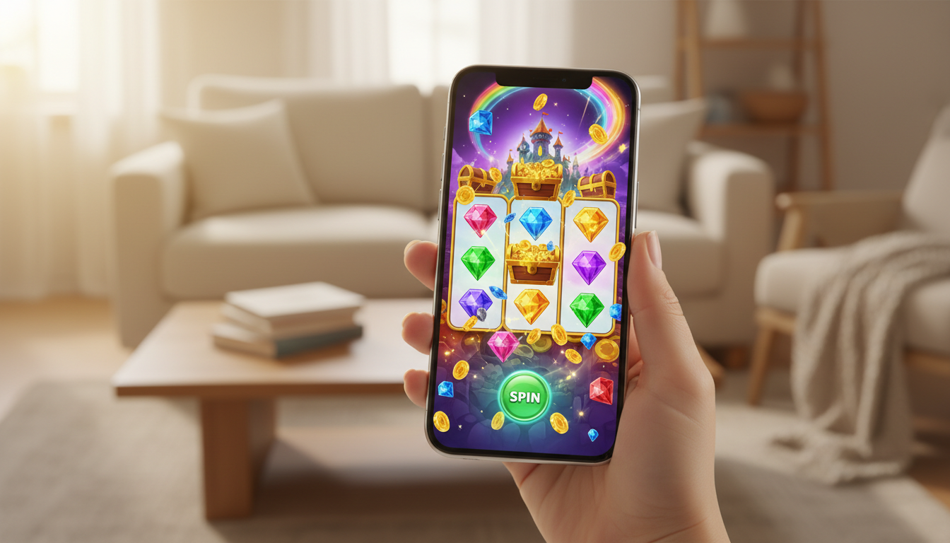 Osoba grająca na smartfonie w kolorowy automat typu slot