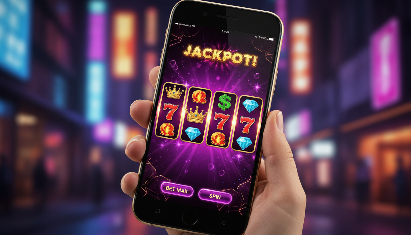 Smartfon z aplikacją kasyna online na tle neonowych świateł