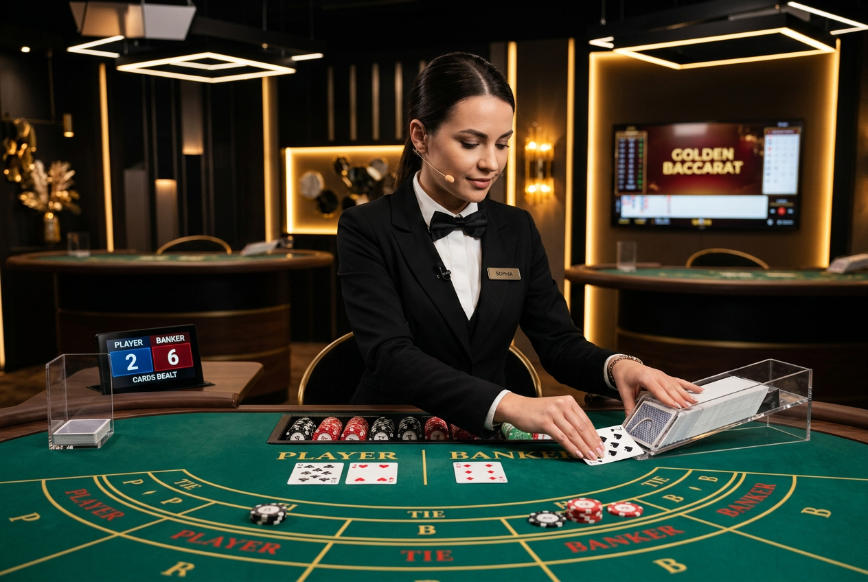 Profesjonalny krupier prowadzący grę w baccarat na żywo w luksusowym studiu