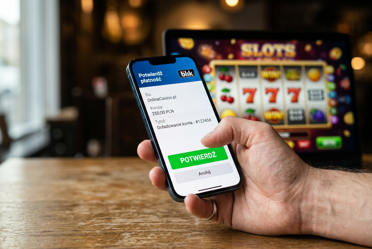 Osoba korzystająca z aplikacji BLIK na smartfonie do zasilenia konta w kasynie online.