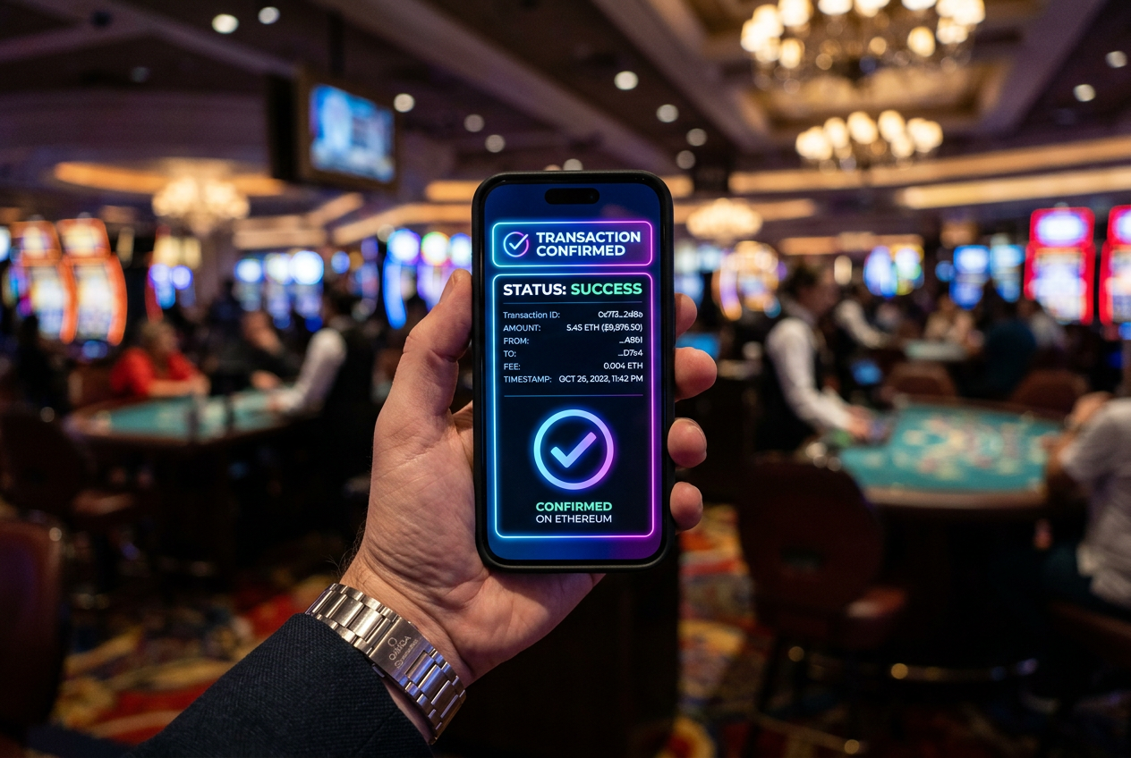 Weryfikacja transakcji blockchain w kasynie krypto na smartfonie
