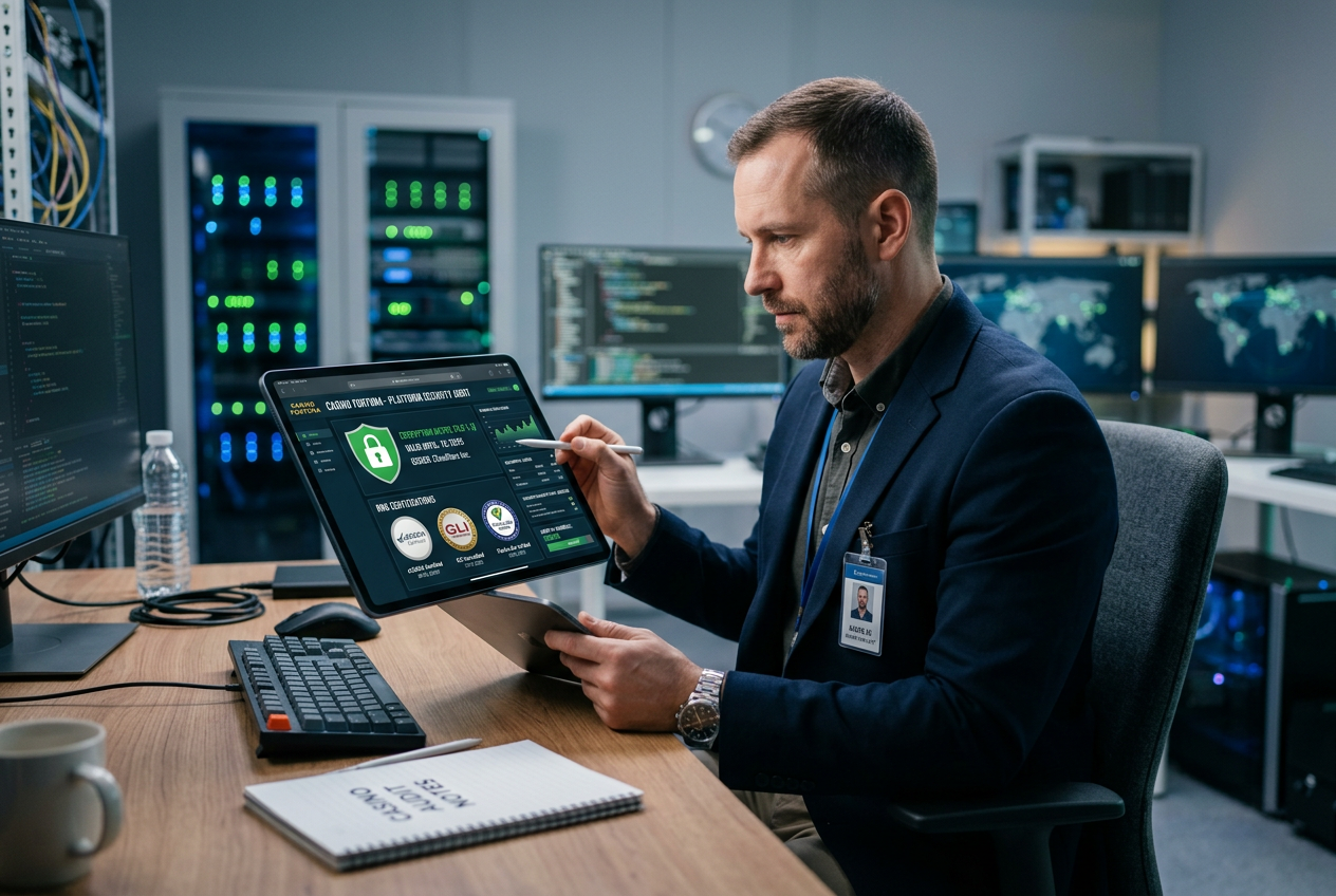 Specjalista analizujący interfejs kasyna online na tablecie pod kątem bezpieczeństwa i certyfikatów