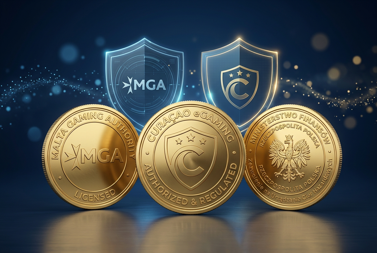 Grafika przedstawiająca symbole prawne i logotypy licencji hazardowych na złotych monetach