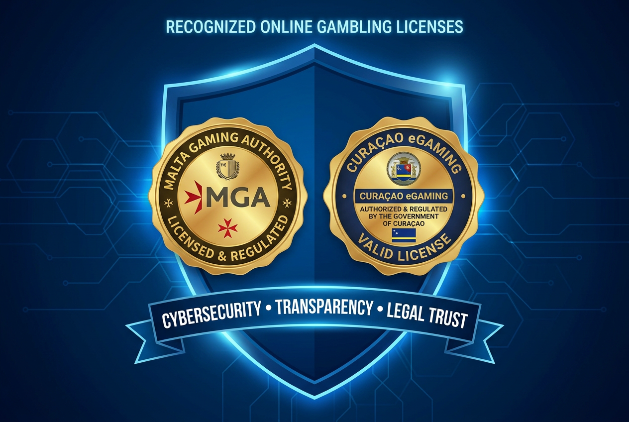 Certyfikaty i pieczęcie licencjonowanych kasyn online MGA i Curacao na tle zabezpieczeń cyfrowych