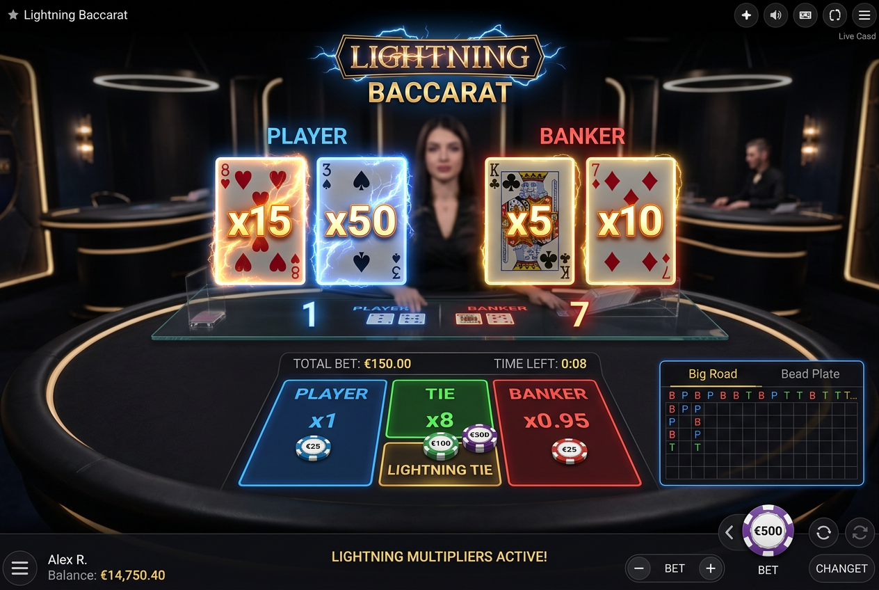 Interfejs gry Lightning Baccarat z widocznymi elektryzującymi mnożnikami kart