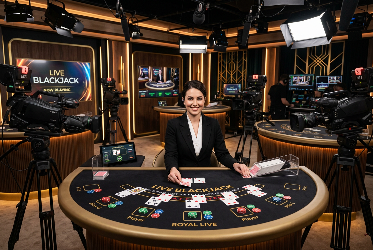 Luksusowe studio kasyna na żywo z profesjonalnym krupierem rozdającym karty do blackjacka