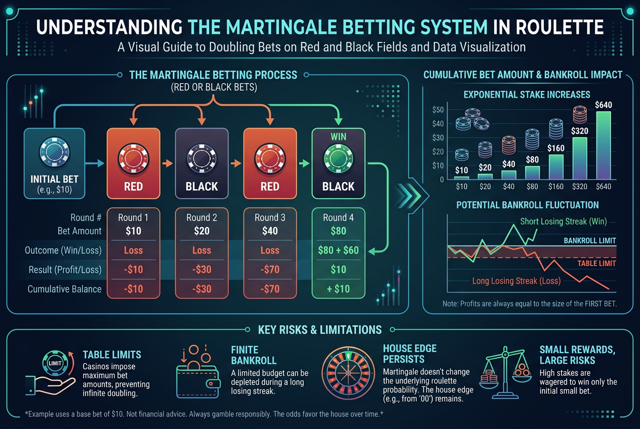 Infografika przedstawiająca system obstawiania Martingale w ruletce