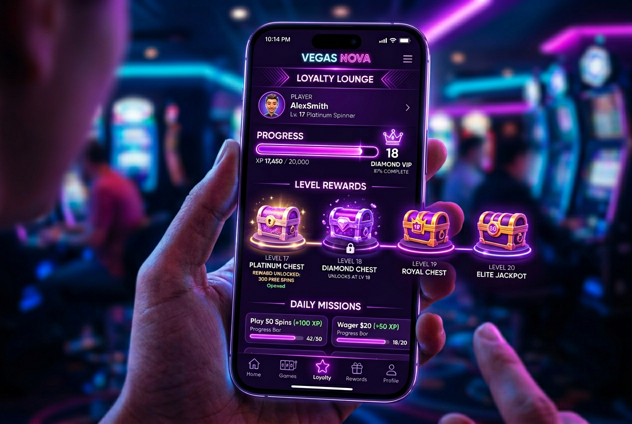 Interfejs gamifikacji w nowoczesnym kasynie online z nagrodami i awatarami