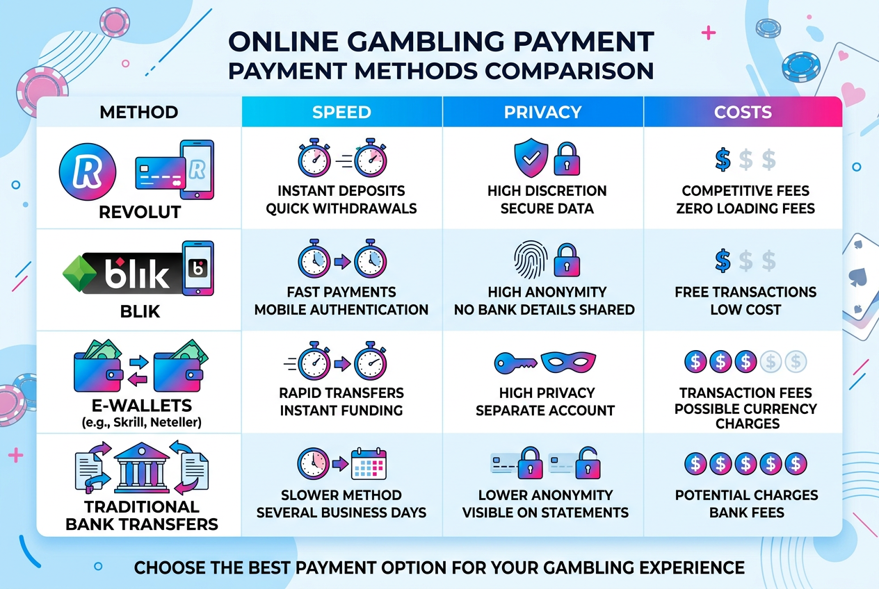 Infografika porównująca Revolut z innymi metodami płatności w kasynie online