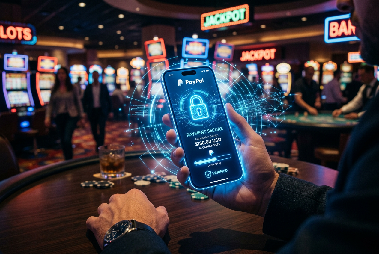Osoba korzystająca z aplikacji mobilnej PayPal do autoryzacji transakcji w kasynie online