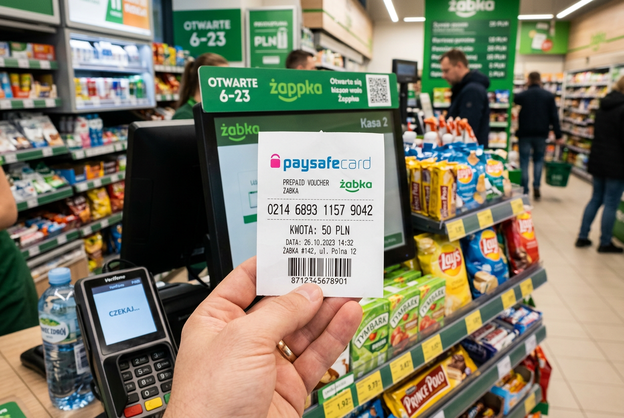 Osoba kupująca kupon Paysafecard w polskim sklepie