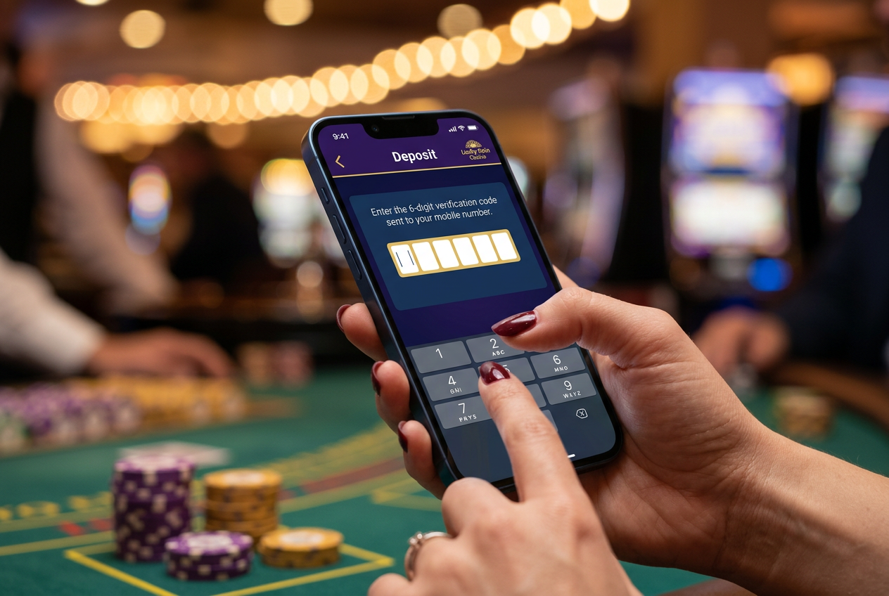 Smartfon z aplikacją kasynową wyświetlający ekran potwierdzenia płatności SMS